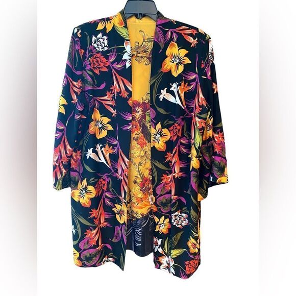 Japanese Designed Reversible Black Yellow Floral Glamorous Kimono Duster Jacket - Picture 3 of 9